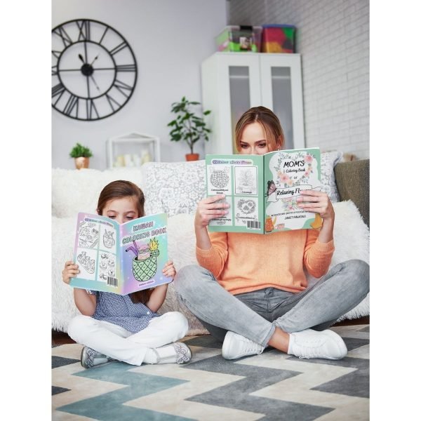 mom and daughter holding coloring books